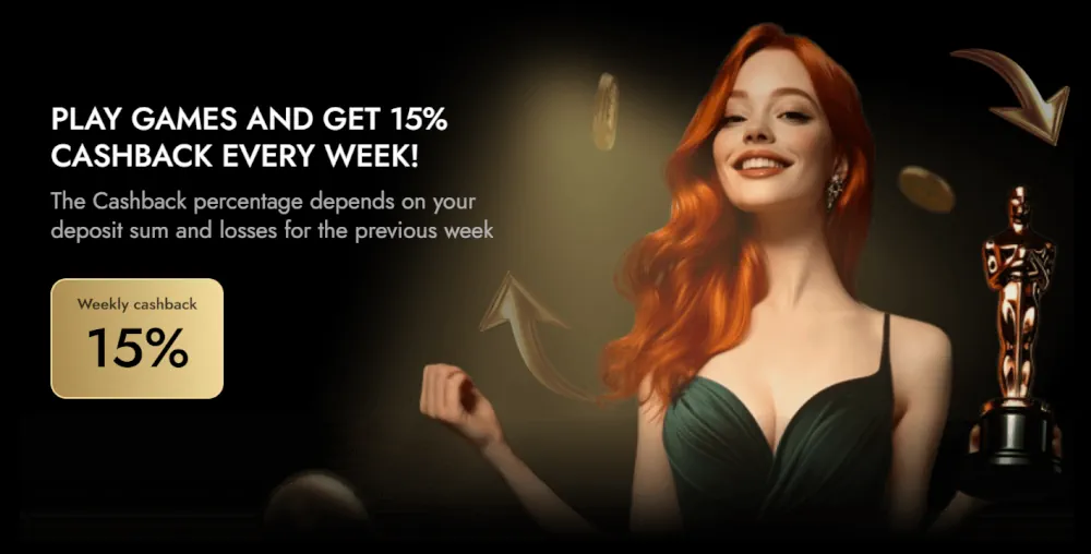 Banner promocional de cashback semanal de 15% do Oscar Spin com estátua do Oscar